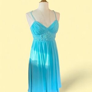 Davids Bridal Turquoise Blue Chiffon Beaded Empire Waist Midi Dress Prom Formal